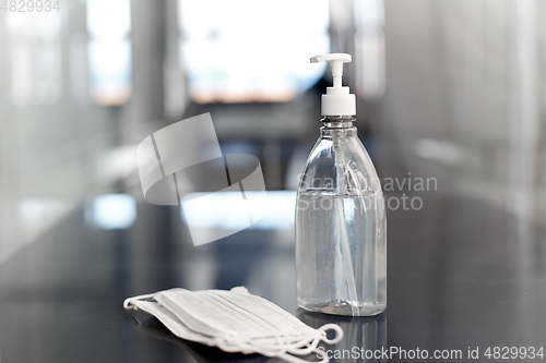 Image of hand sanitizer or liquid soap and medical masks