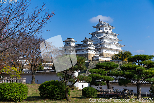 Image of Japanese Himeiji Castle with blue sky