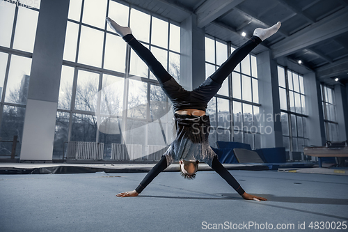 Image of Little male gymnast training in gym, flexible and active