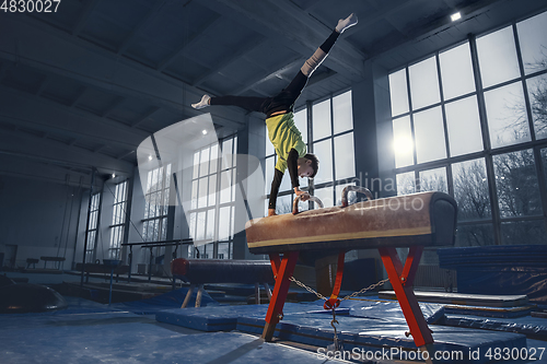 Image of Little male gymnast training in gym, flexible and active