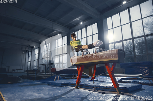 Image of Little male gymnast training in gym, flexible and active