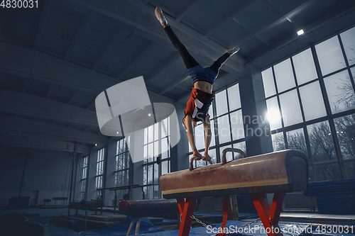 Image of Little male gymnast training in gym, flexible and active