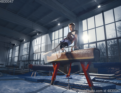 Image of Little male gymnast training in gym, flexible and active