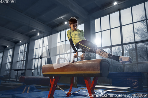 Image of Little male gymnast training in gym, flexible and active