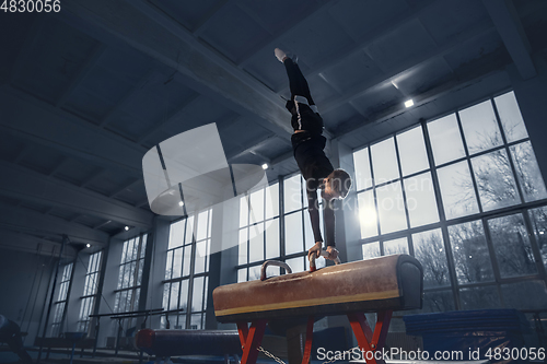 Image of Little male gymnast training in gym, flexible and active