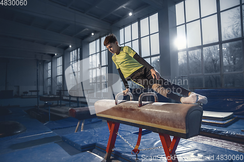 Image of Little male gymnast training in gym, flexible and active