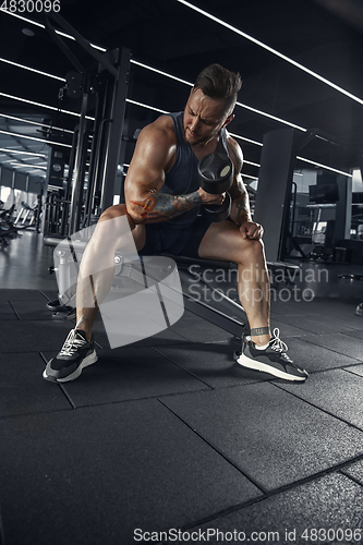 Image of The male athlete training hard in the gym. Fitness and healthy life concept.
