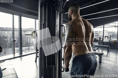 Image of The male athlete training hard in the gym. Fitness and healthy life concept.