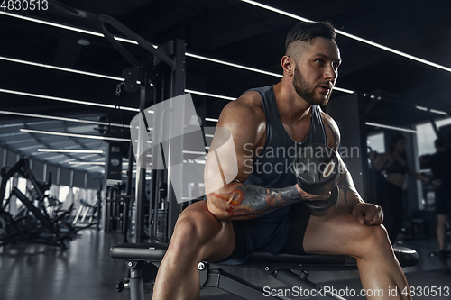 Image of The male athlete training hard in the gym. Fitness and healthy life concept.
