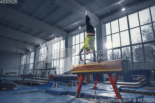 Image of Little male gymnast training in gym, flexible and active