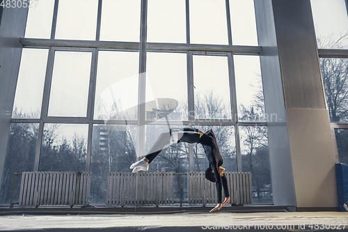 Image of Little male gymnast training in gym, flexible and active