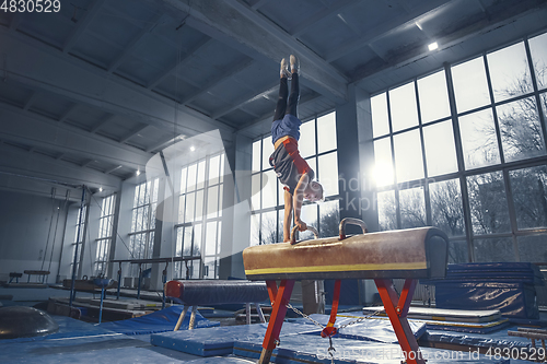 Image of Little male gymnast training in gym, flexible and active