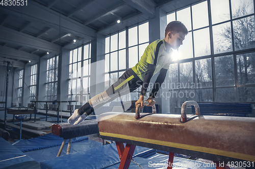 Image of Little male gymnast training in gym, flexible and active