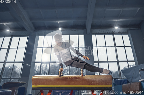 Image of Little male gymnast training in gym, flexible and active