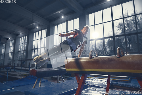 Image of Little male gymnast training in gym, flexible and active