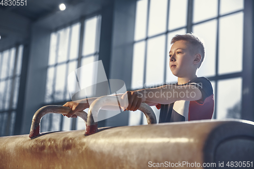 Image of Little male gymnast training in gym, flexible and active