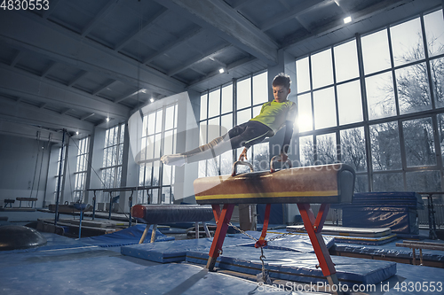 Image of Little male gymnast training in gym, flexible and active