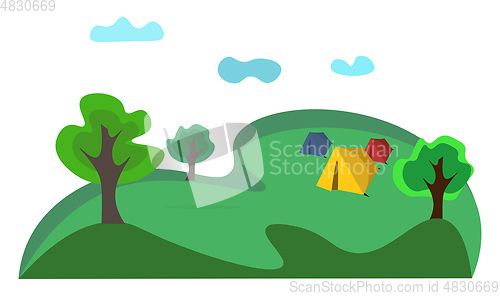 Image of A landscape of a campsite with three tents vector or color illus