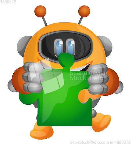 Image of Cartoon robot holding a piece of the jigsaw puzzle illustration 