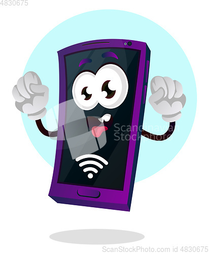 Image of Mobile emoji with a wi fi signal and hands up illustration vecto