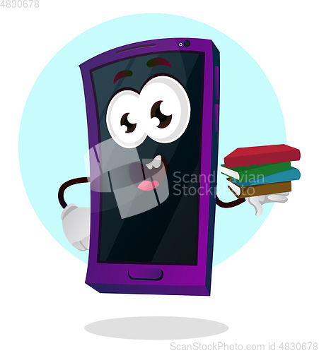 Image of Mobile emoji holding several books in his hand illustration vect