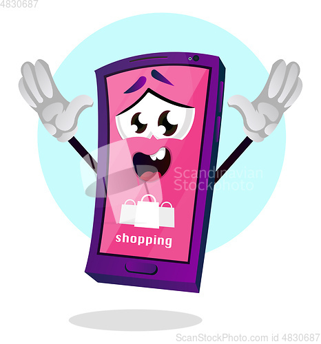 Image of Pink mobile emoji with a shoping icon illustration vector on whi