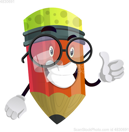 Image of Red pencil with glasses giving a thumbs up illustration vector o