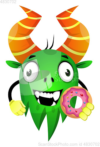 Image of Happy monster holding a donut, illustration, vector on white bac