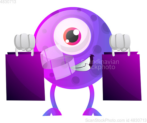 Image of Purple monster with shopping bags illustration vector on white b