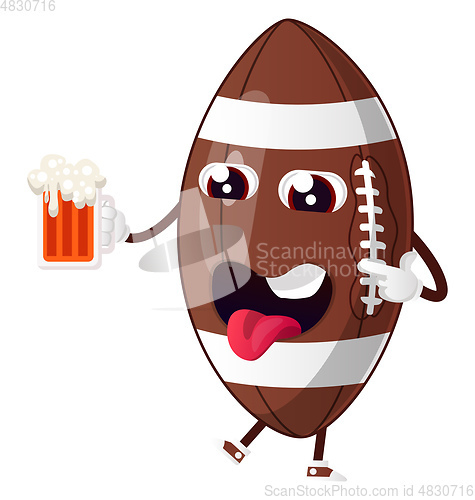 Image of Rugby ball holding mug with beer, illustration, vector on white 