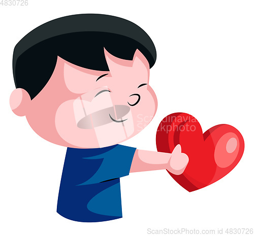 Image of Little boy holding red heart illustration vector on white backgr