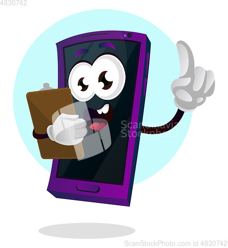 Image of Mobile emoji holding a notepad illustration vector on white back