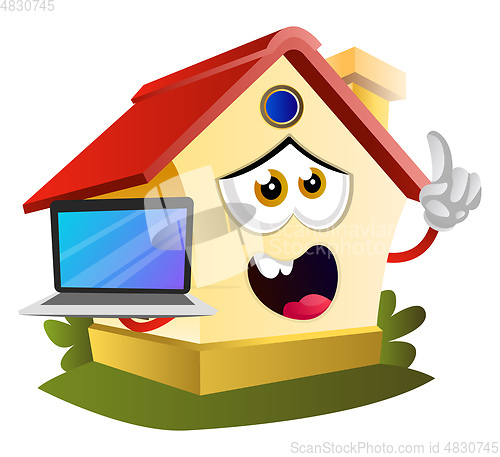 Image of House is holding laptop, illustration, vector on white backgroun
