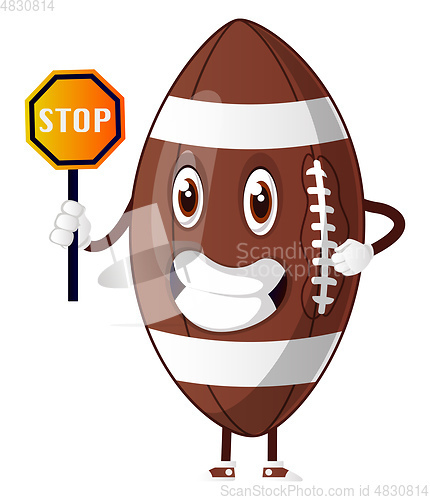 Image of Rugby ball  holding stop sign, illustration, vector on white bac