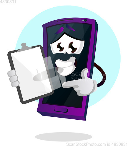 Image of Mobile emoji pointing at his notepad illustration vector on whit