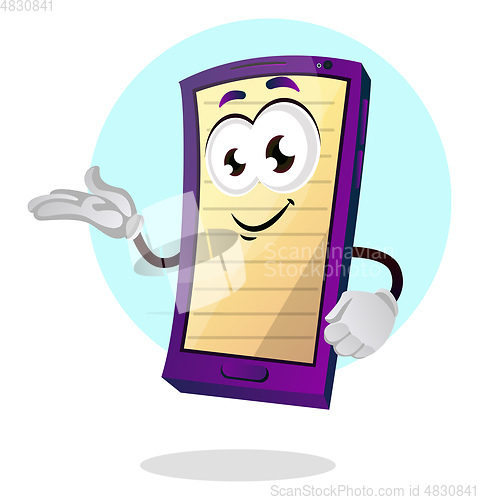 Image of Smiling mobile emoji with his hand up illustration vector on whi