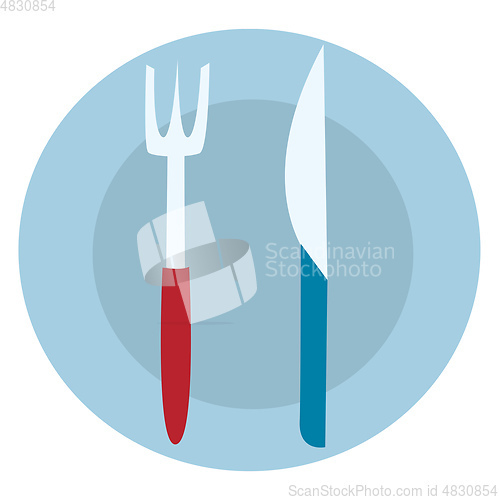 Image of Blue food plate with fork and knife illustration vector on white