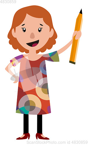 Image of Woman in dress holding a big pencil illustration vector on white