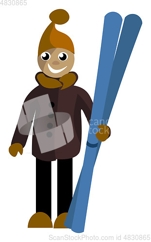 Image of Clipart of a boy holding each of a pair of long skis in his hand