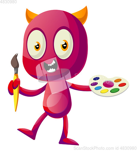 Image of Devil holding color palette, illustration, vector on white backg