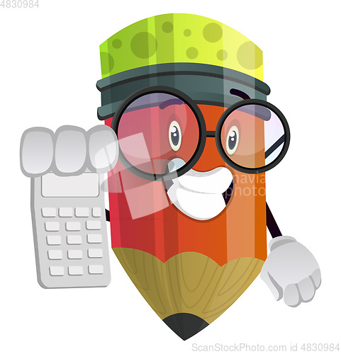 Image of Red pencil holding calculator in his right hand illustration vec