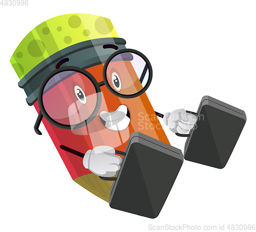 Image of Red pencil holding two black briefcases illustration vector on w