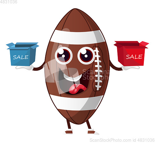 Image of Rugby ball is holding sale boxes, illustration, vector on white 