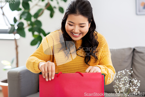 Image of asian young woman with shopping bag at home