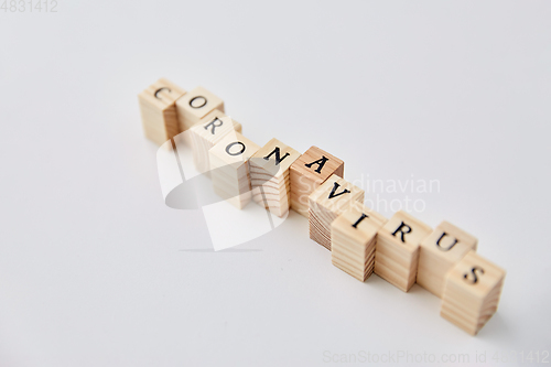 Image of coronavirus word on wooden toy blocks on white