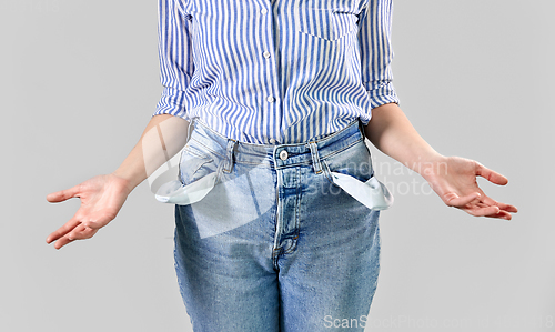 Image of close up of woman showing empty pockets