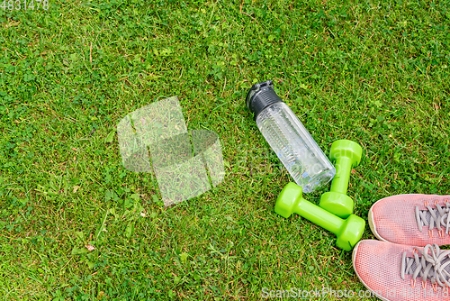 Image of Ladie's dumbbells and sneakers on the green grass background