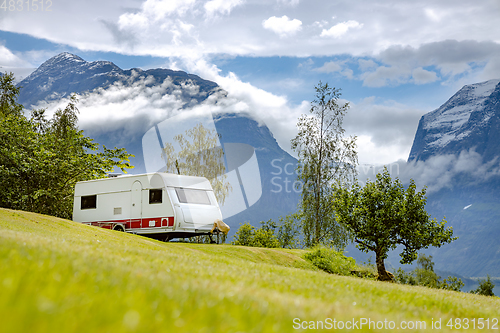 Image of Family vacation travel RV, holiday trip in motorhome