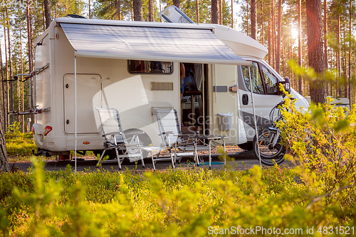 Image of Family vacation travel RV, holiday trip in motorhome