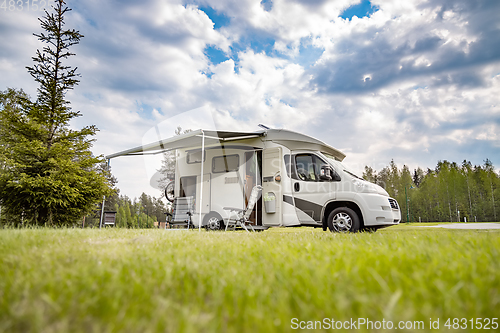 Image of Family vacation travel RV, holiday trip in motorhome